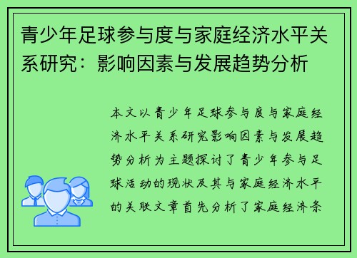 青少年足球参与度与家庭经济水平关系研究：影响因素与发展趋势分析
